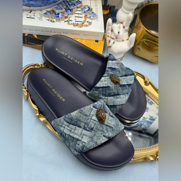 🆕 KURT GEIGER LONDON 🧿 NWOB Blue Denim Meena Eagle Slides, Sz EU 39 US 8.5 - Picture 7 of 11